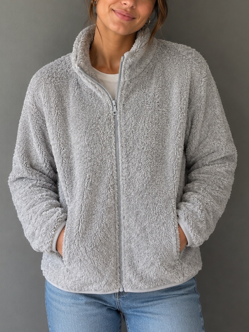 Uniqlo Gray Fluffy Fleece Full Zip Jacket Women’s XS Soft Cozy Sherpa